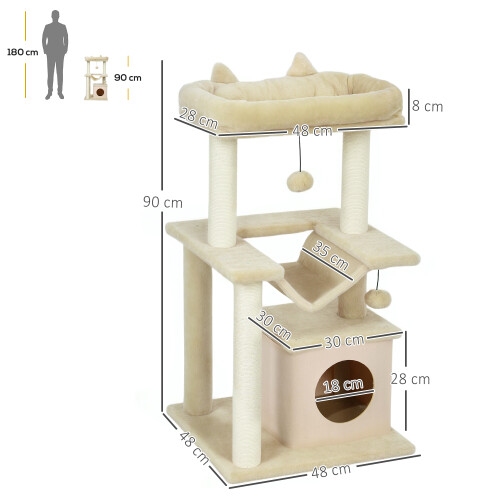 PawHut PawHut Cat Tree, 90cm Cat Tower with Sisal Scratching Posts, Beige 2