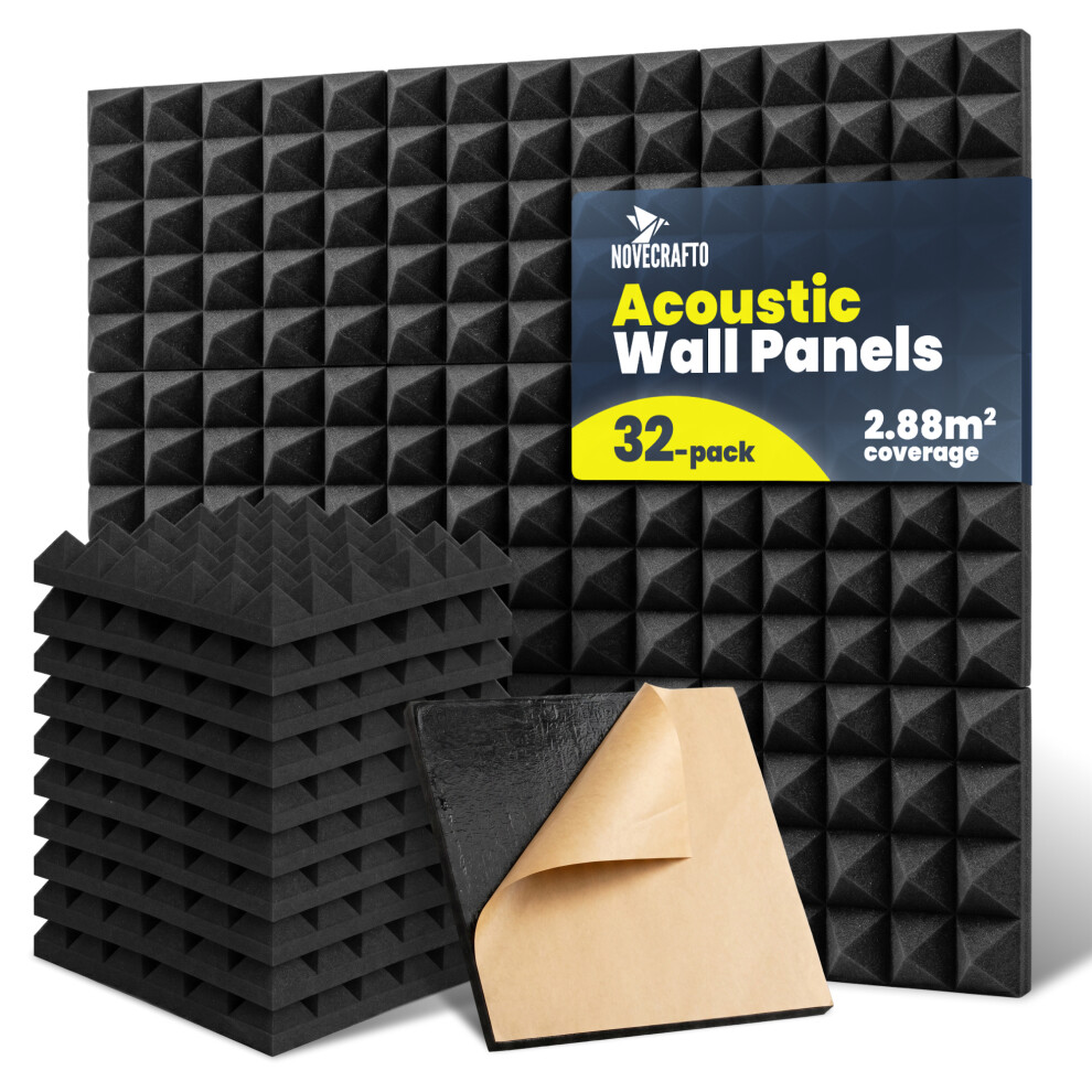 (Black, 32) Self-Adhesive Acoustic Wall Panels - Peel And Stick Pyramid Sound Absorbing Foam 5061064152987