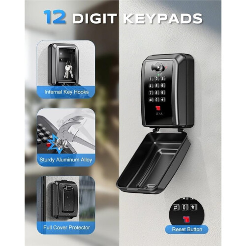 Wall-Mounted Key Lock Box,12 Digit Combination Lock Box for Keys with Code,Large Capacity &  Outdoor Lockbox 2