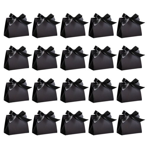 StoBag 20pcs Paper Candy Box Gift with Ribbon Blank Small Packaging for Cookies Chocolate Storage Black