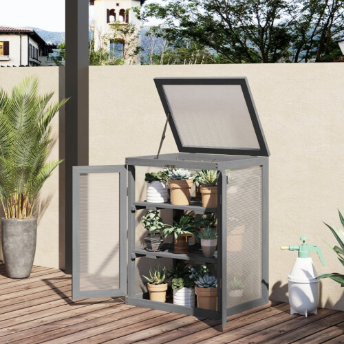 3-Tier Wood Greenhouse w/ Shelf - Dark Grey 1
