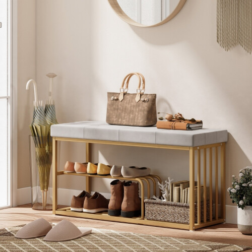 HOMCOM Velvet Shoe Bench with Gold Frame, Grey 1