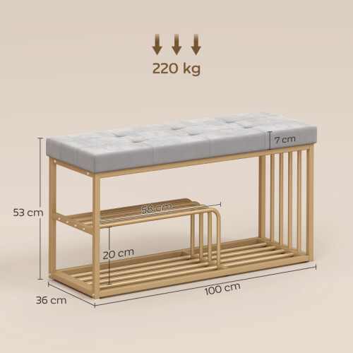 HOMCOM Velvet Shoe Bench with Gold Frame, Grey 2