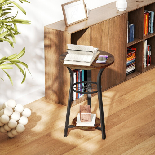 Small Round Side Table with 3 Shelves - Rustic Brown 1