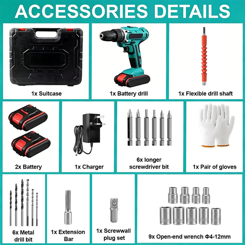 2 Battery 21V Cordless Drill Combi Driver High Power Electric Screwdriver Set 2
