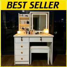 Modern Vanity Dressing Table Stool Set with LED Lights Large Mirror Makeup Desk