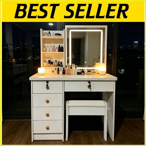 Modern Vanity Dressing Table Stool Set with LED Lights Large Mirror Makeup Desk