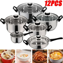 12 Piece Stainless Steel Cookware Saucepan Set Pan Pot Kitchen Cooking Glass Lid