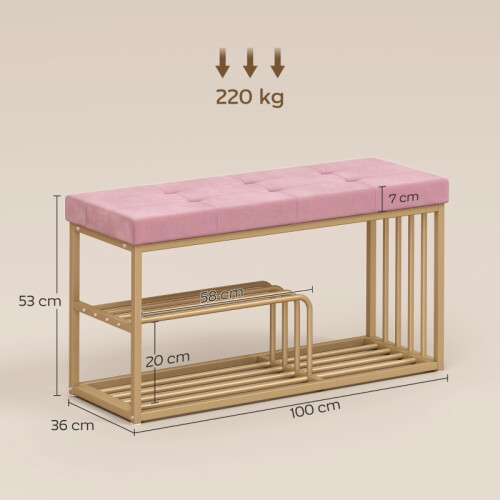HOMCOM Pink Velvet Shoe Bench with Gold Frame 2