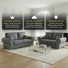 (2 Seater, Velvet Grey) Verona 3 & 2 Seater Sofa Set 2,3 Seater Sofa Living Room Upholstered Plush & Naples