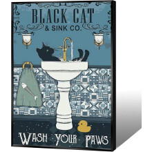 Tableau humoristique pour salle de bain avec un chat noir - Affiche « Lavez-vous les pattes », décoration murale vintage pour baignoire et