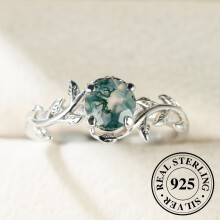 Bague en argent sterling 925, délicate, sertie d'une feuille et d'une agate verte ronde. Bague de mariage unique.