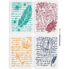 Ensemble de 4 pochoirs de dessin et de peinture en PET ajourés, avec 1 pinceau, pour scrapbooking et albums photo (297 x 210 mm).