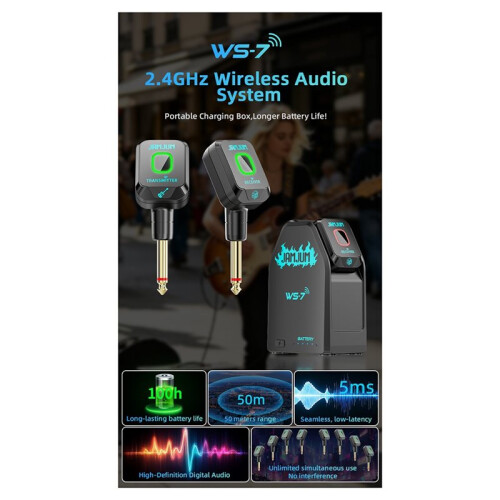 JAMJUM WS-7 Wireless Instrument System 2.4G - 50m/20m Range 5ms Low Latency USB-C for Electric Guitar/Drum/Synth