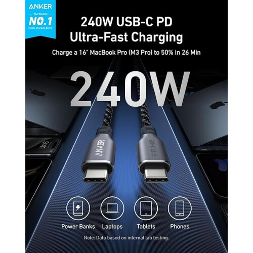 Anker Anker Prime USB C to USB C Cable, 240W 6 ft Fast Charging USB 2.0 C Cable 1