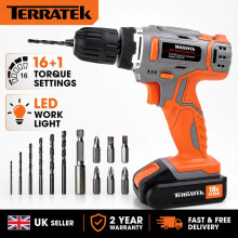 Terratek 18V Electric Cordless Drill Combi Drill Driver Screwdriver Set