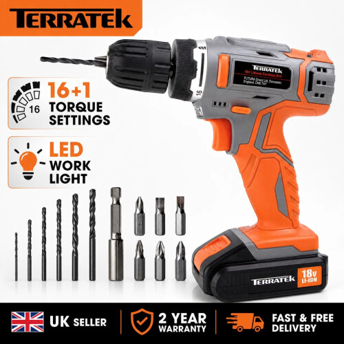 Terratek 18V Electric Cordless Drill Combi Drill Driver Screwdriver Set