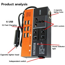 Portable Universal Car Inverter 12V/24V to 220V Converter Socket with 6 USB Multifunction High Power Adapter