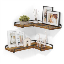 Industrial Floating Corner Shelves - Wood and Metal - Rustic Brown and Black - Space-Saving L-Shaped Design