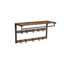 Wall-Mounted Coat Rack - Wood - Rustic Brown and Black - 10 Removable Hooks with Shelf