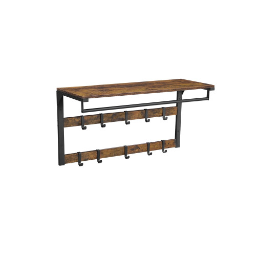 Wall-Mounted Coat Rack - Wood - Rustic Brown and Black - 10 Removable Hooks with Shelf