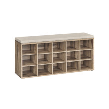 Shoe Bench - Wood - Camel Brown and Cappuccino Beige - 15 Open Storage Compartments with Cushion