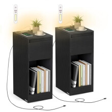 VASAGLE - Slim Bedside Tables with Charging Station and LED Light, Set of 2 Narrow Side End Tables, USB Ports, for Bedroom, Living Room, Ebony Black