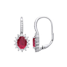 Jewelco London Ladies Rhodium Plated Sterling Silver Red Oval CZ Solitaire Cluster Drop Earrings - GVE817RU