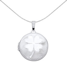 Jewelco London Ladies Rhodium Plated Sterling Silver Fluted 4 Leaf Clover Round Locket Pendant Necklace - LK69
