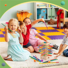 2X Wooden Board Game Montessori Toys, 42 Colourful Sticks Dice Game Math Educational Toy, Family Fun Dropping Game