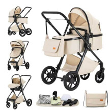 3-in-1 Kinderwagen, Kinderwagen, Wickeltasche, ALYIKOU, Autositz, Neugeborenes, Baby, Liegeposition, für 0-3 Jahre, Babytasche, Beige
