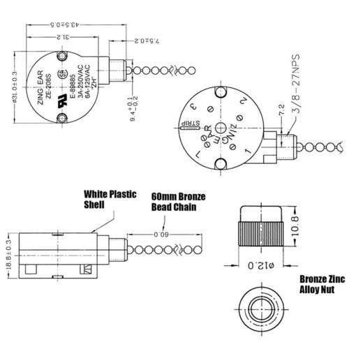 3 Pcs Ze-208S E89885 3 Speed 4 Wire Pull Chain  Ceiling Fan Light  Replacement Part,A