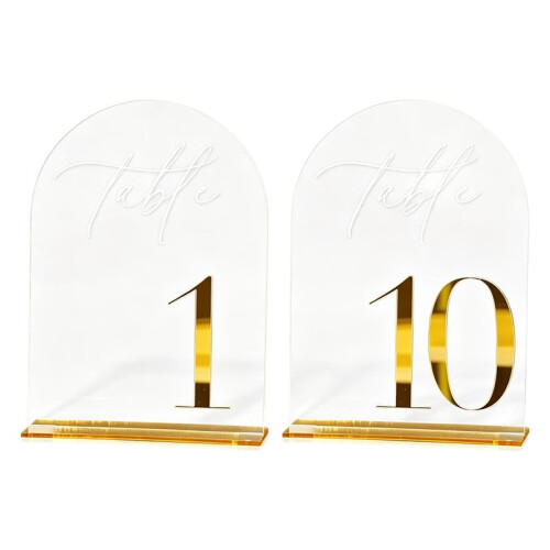 Números de Mesa de Casamento Acrílicos 1-10, Placas Arqueadas de 5x7 Polegadas com Suportes Dourados para Recepção