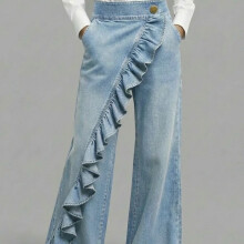 (Light Blue, 2XL) Fit Loose Retro Denim Pants With Ruffle Design And Solid Color Wear Daily For