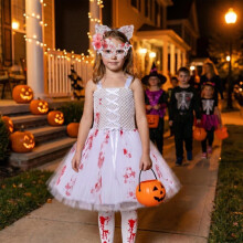 (Dress, L) Blood Bride Zombie Childrens Tulle Dress With Mesh And Lace For Halloween Costumes Kids