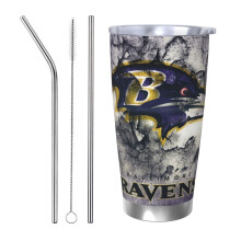 Ravens Football Team304 Termoskopp i rustfritt stål 20oz med lokk og sugerør, kompatibel med koppholder i bilen, for varme og kalde drikker