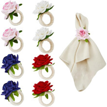 Lot de 8 ronds de serviette en polyester avec roses artificielles de 4 couleurs et corde en chanvre, parfaits pour les mariages, les banquets et la