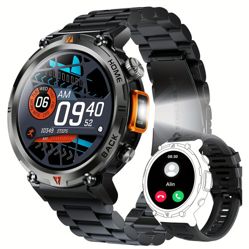 Smartwatch da uomo, notifiche di chiamate e messaggi wireless, schermo touch HD, contapassi, compatibile con iPhone e Android.