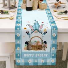 Tischläufer-Dekoration für Ostern 2022: Osterwichtel-Ornamente, Tischdecke aus Baumwoll-Leinen-Mischgewebe mit Ostereier- und Hasenmotiv.