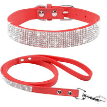 Derest hundehalsbånd og båndsett til kjæledyr, mykt semsket skinn med strass-glimmer, søtt, glitrende og elegant design