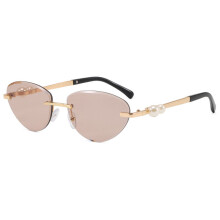 (Gold Gray Champagne)Pearl Metal Frameless Cat Eye Sunglasses With Uv400 Protection For Fashion Outdoor Travel