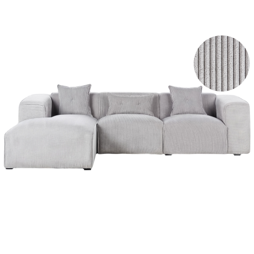 Beliani Corner Sofa 3 Seater DOLVA Corduroy Light Grey Right Hand