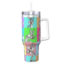 Vaso de viaje para coche Bugs Bunny Ice King de 40 oz (con asa y pajita), vaso de acero inoxidable con tapa 2 en 1.
