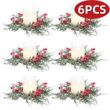 Guirnalda de anillos para velas navideñas, 6 piezas de guirnalda artificial de pino nevado con bayas rojas, compatible con velas, decoración para