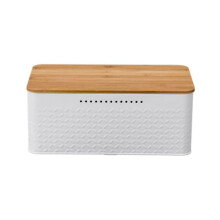 Boîte à pain innovante grâce à son revêtement en carbone, dotée de trous de ventilation intégrés et d'un couvercle en bambou blanc.