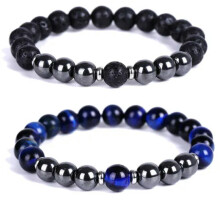 RSAMD 1/2 Stück 8 mm Hämatit-Tigeraugen-Lavasteinperlen-Armbänder Schmuck für Damen und Herren - Lava + Lapislazuli