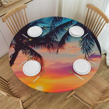 HAOGEILI – Runde Tischdecke mit tropischem Palmenmotiv, geschwungenem Rand und Meeresstrand-Sonnenuntergangsmotiv, blauer Himmel und weiße Wolken