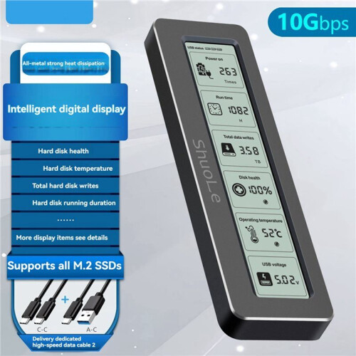 3X SHuoLe M. 2 NVME/NGFF Dual Protocol SSD Enclosure with Display Screen Health Detection Type-C 3.2 10Gbps 2