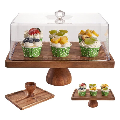 Cake Stand with Lid, 13″ Rectangular Multi-Functional Cake Holder, 2-in-1 Dessert Table Display Set, Charcuterie Board 2
