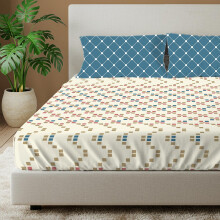 Urban Space 144 Tc Divine Drap Housse 100% Coton Pour Lit Double Avec 2 Housses D'oreillers, Lit Queen (Taille 90 X 100 Pouces, Zen Blocs Bleu)